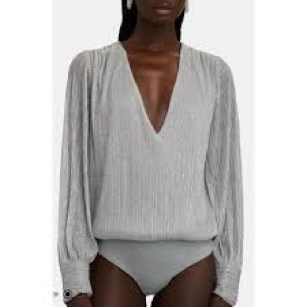 NEW INTERMIX Stacy Button Bodysuit Long Sleeves Silver Glitter V-neck sz Small